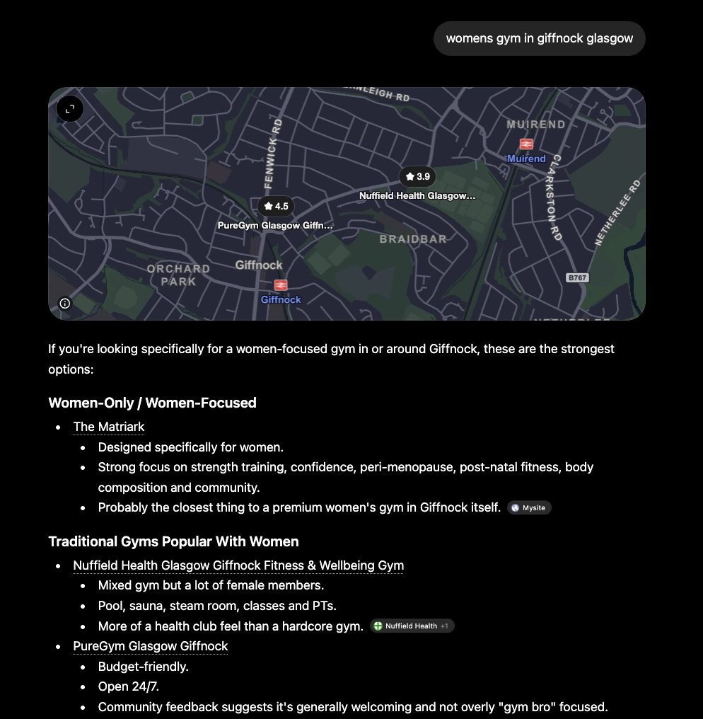 AI search result naming The Matriark first for womens gym in Giffnock, Glasgow